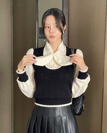 Duren Combination Knit Vest Tie Blouse